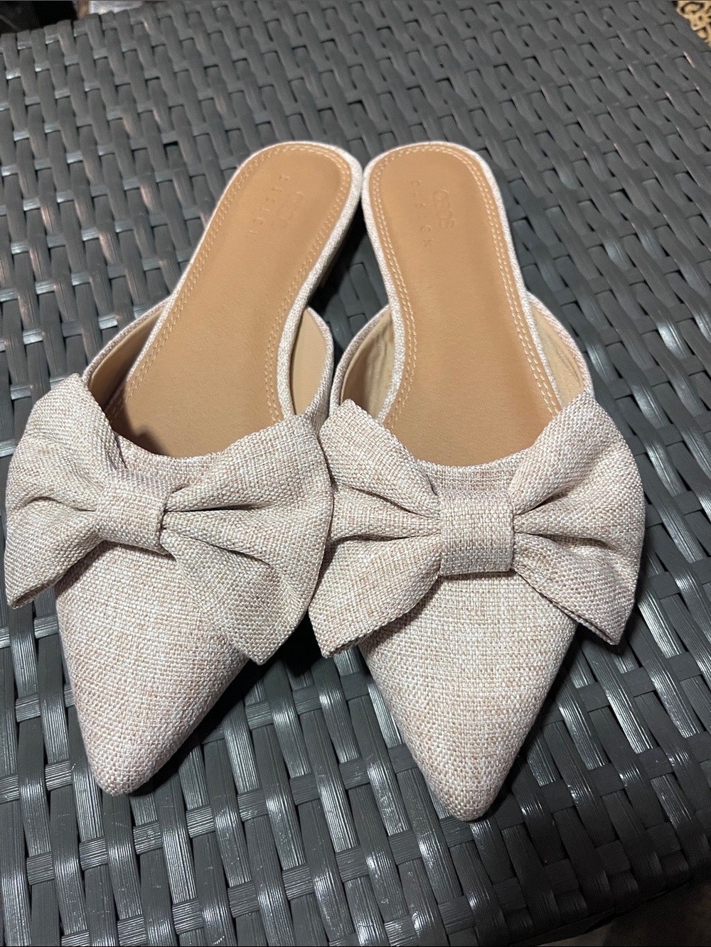 ASOS Bow Pointed Mule Slides in Light Beige